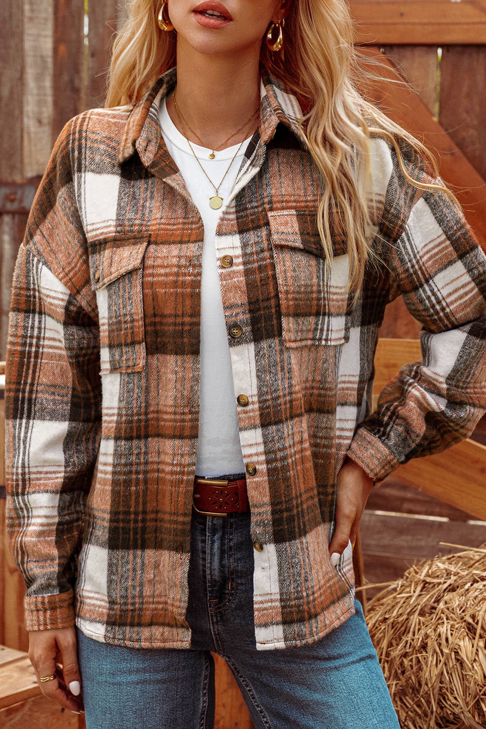 Fall  Plaid Flap Pockets Shacket