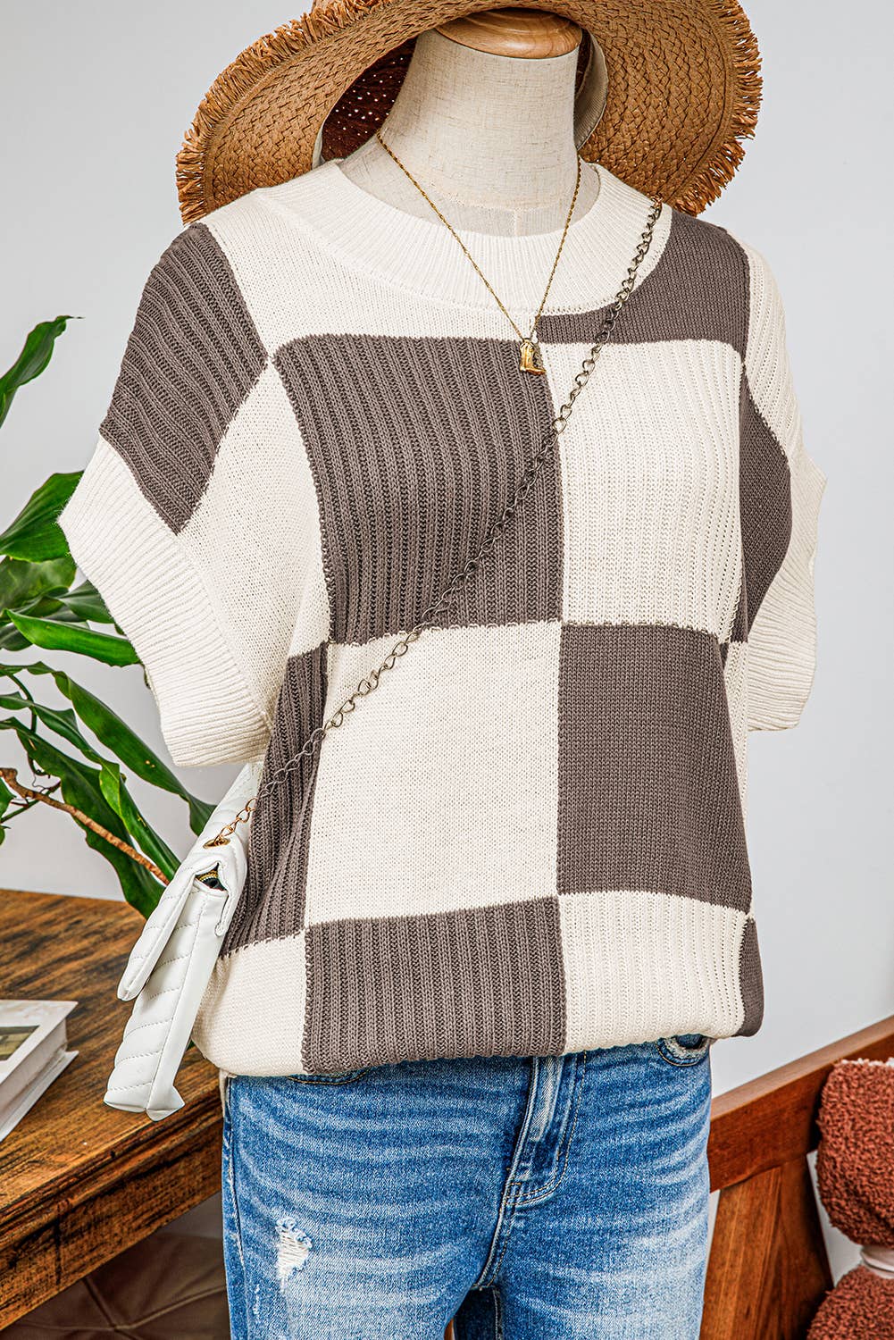 Checkered Colorblock Short Sleeve Sweater