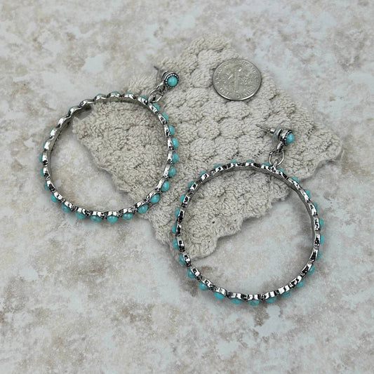Silver Hoop Earrings with Blue Turquoise Stone