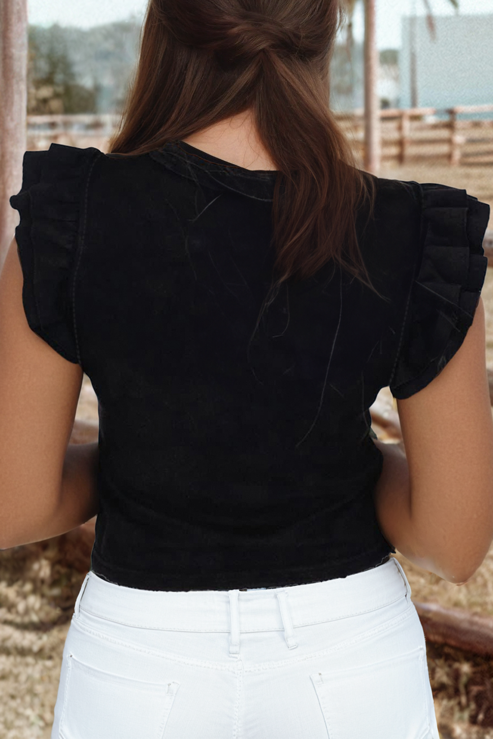 Ruffled Crew Neck Slim Fit Top
