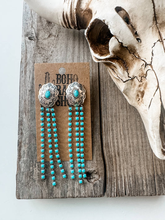 Concho Drop Dangle Western Earrings - black turquoise clear
