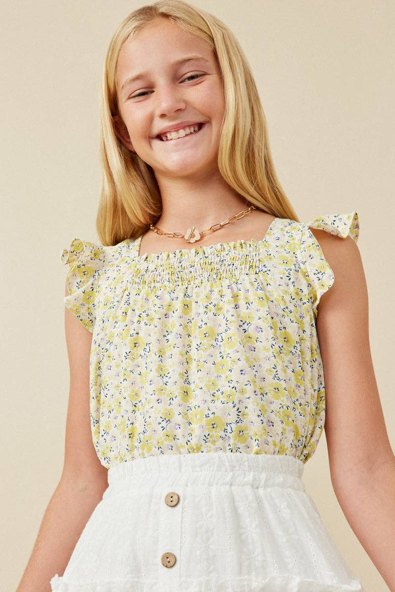 Girls Floral Print Flutter Sleeve Smocked Tank