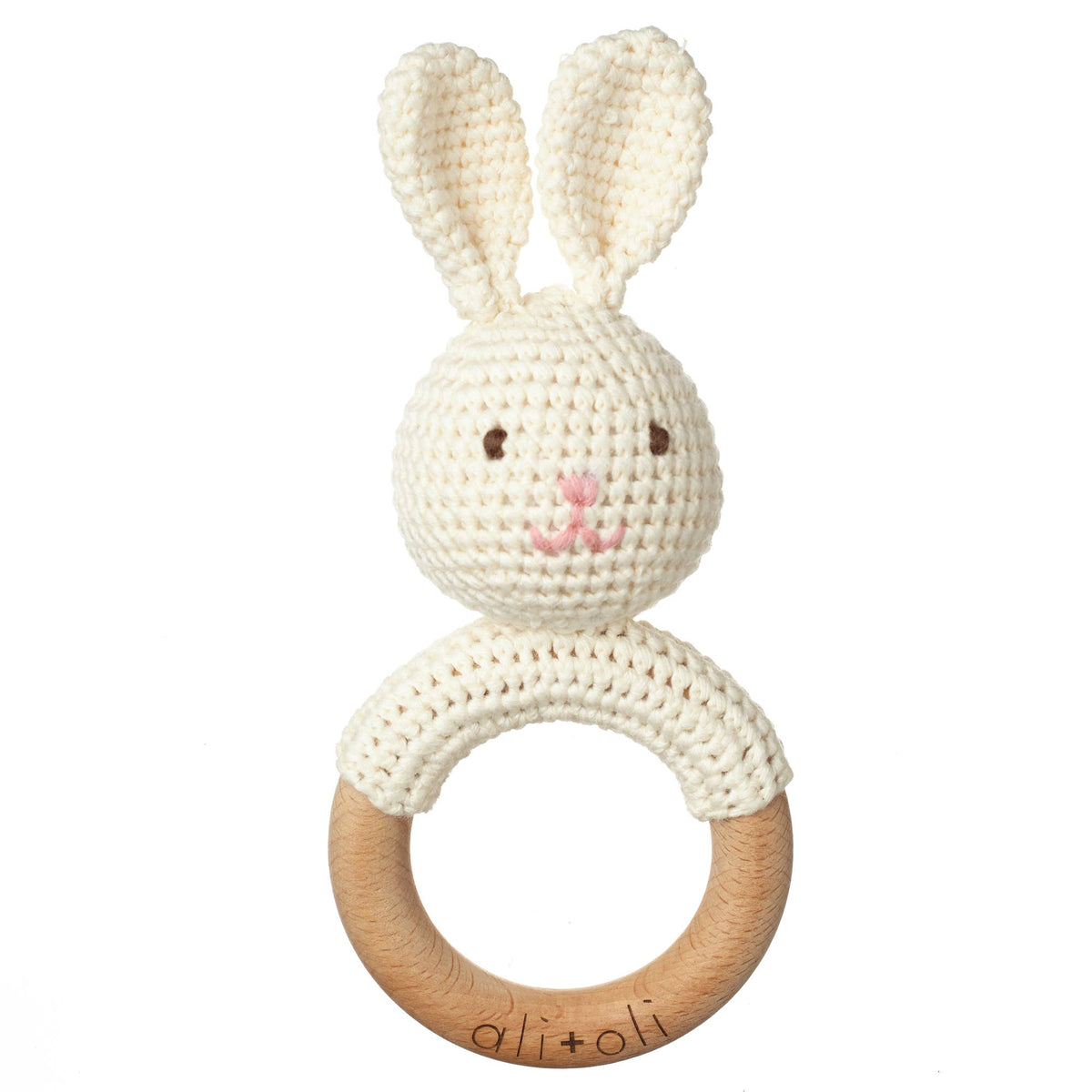 Baby Teething Toy Rattle Wood Ring Crochet bunny