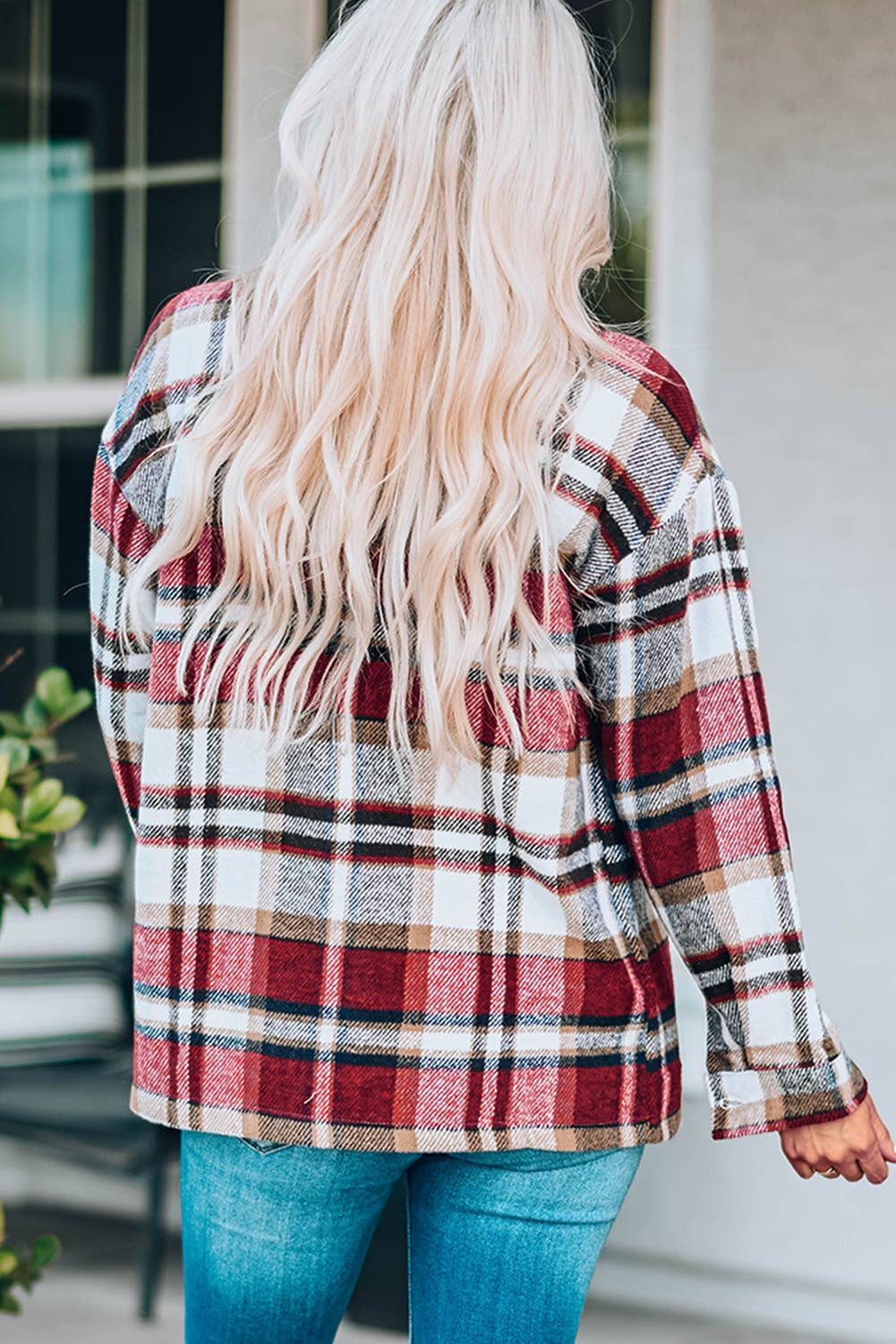 Casual Geometric Plaid Print Pocketed Shacket