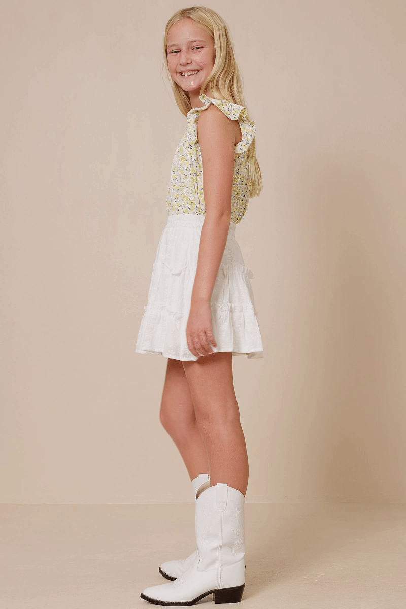 Girls Floral Print Flutter Sleeve Smocked Tank
