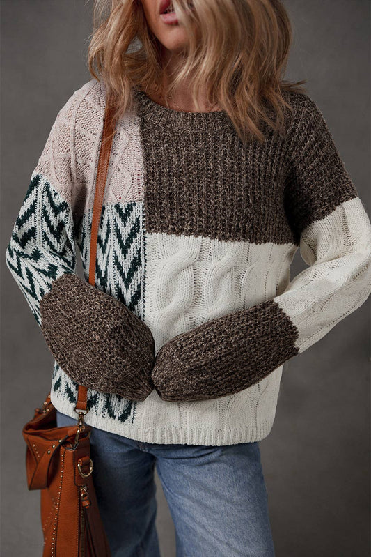 Brown Color Block Patchwork Knotted Back Loose Fit Sweater