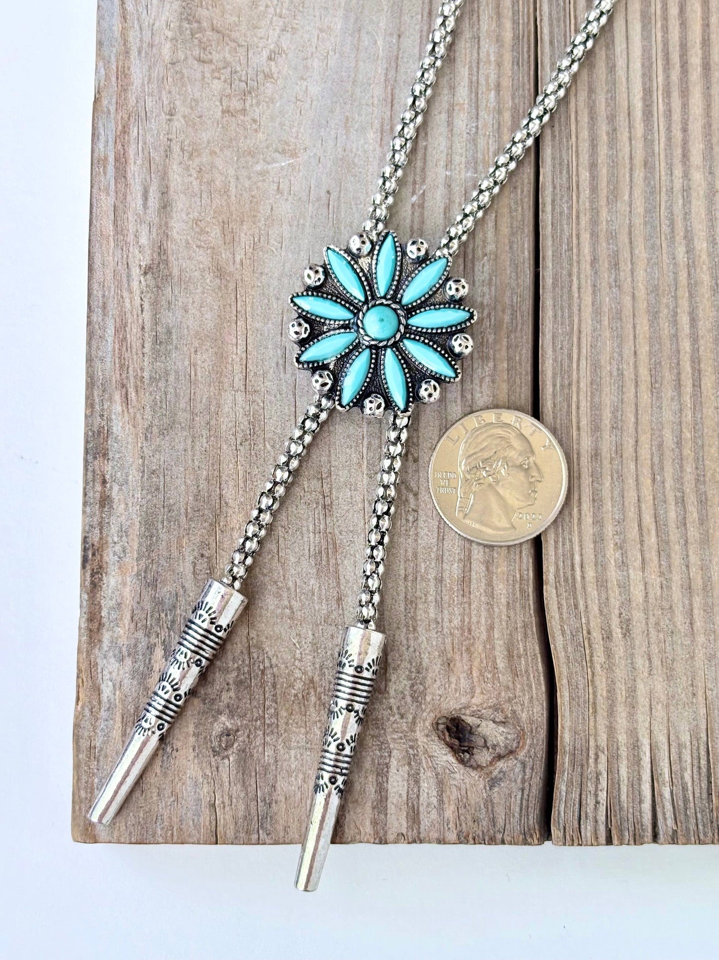 Western Turquoise Stone Concho Bolo Tie Necklace