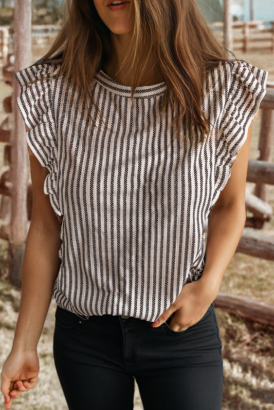 Striped Crew Neck Ruffled Tank Top