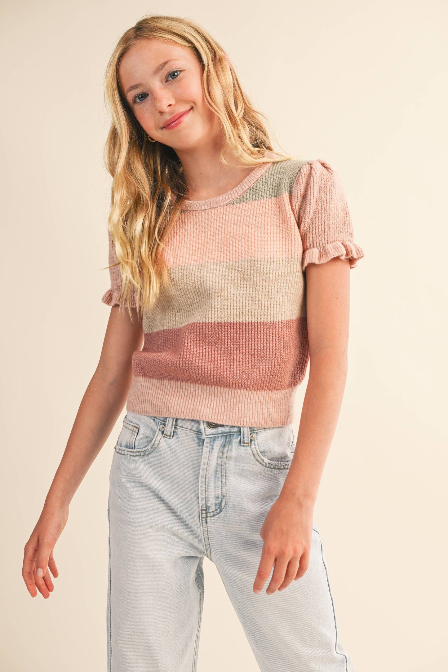 TWEEN KIDS GIRLS PUFF SLEEVE CROPPED SWEATER