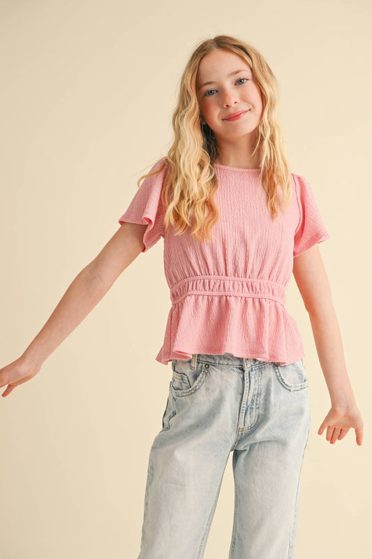 ROUND NECK FLUTTER SLV PEPLUM TOP W/ JULIETTE WAIST