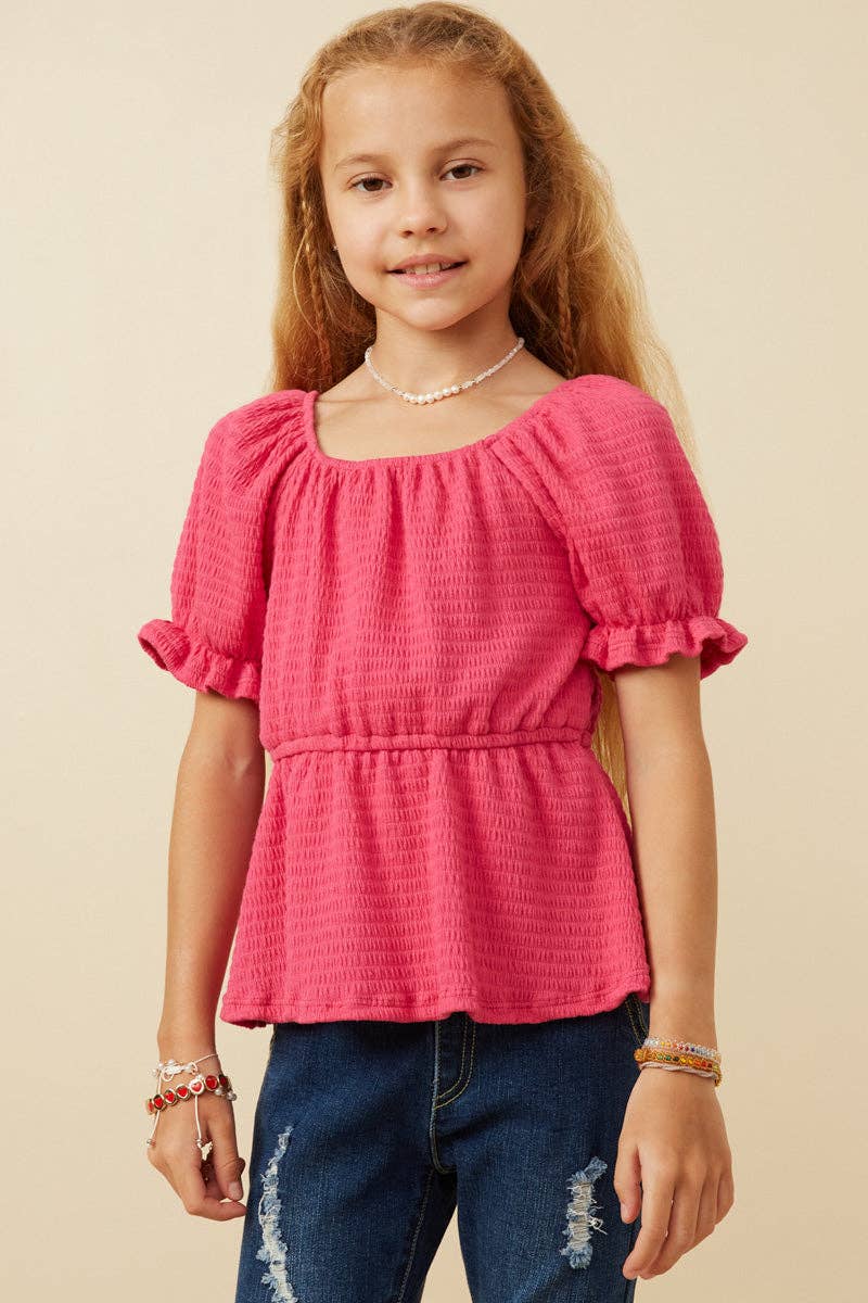 Girls Smocked Textured Knit Cinch Sleeve Babydoll Top