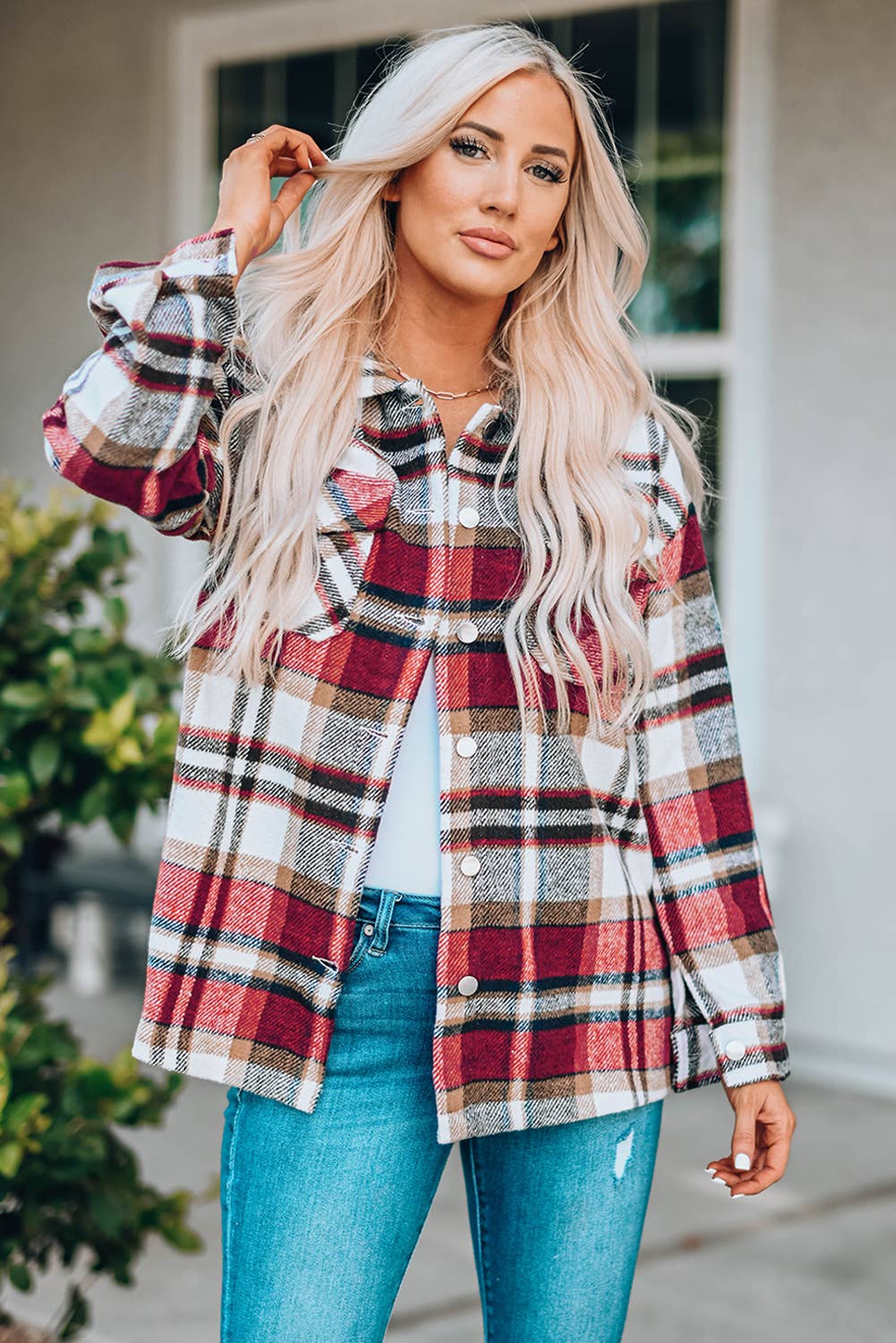 Casual Geometric Plaid Print Pocketed Shacket