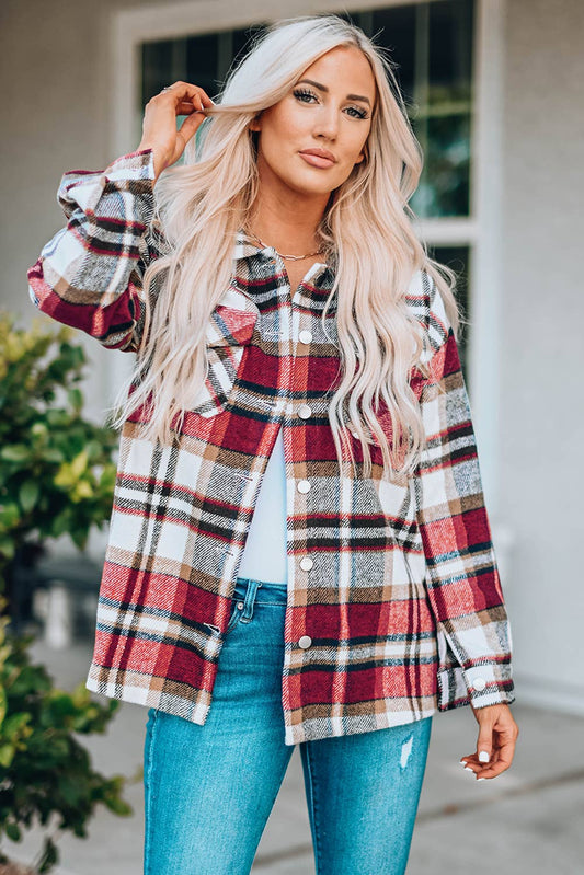 Casual Geometric Plaid Print Pocketed Shacket