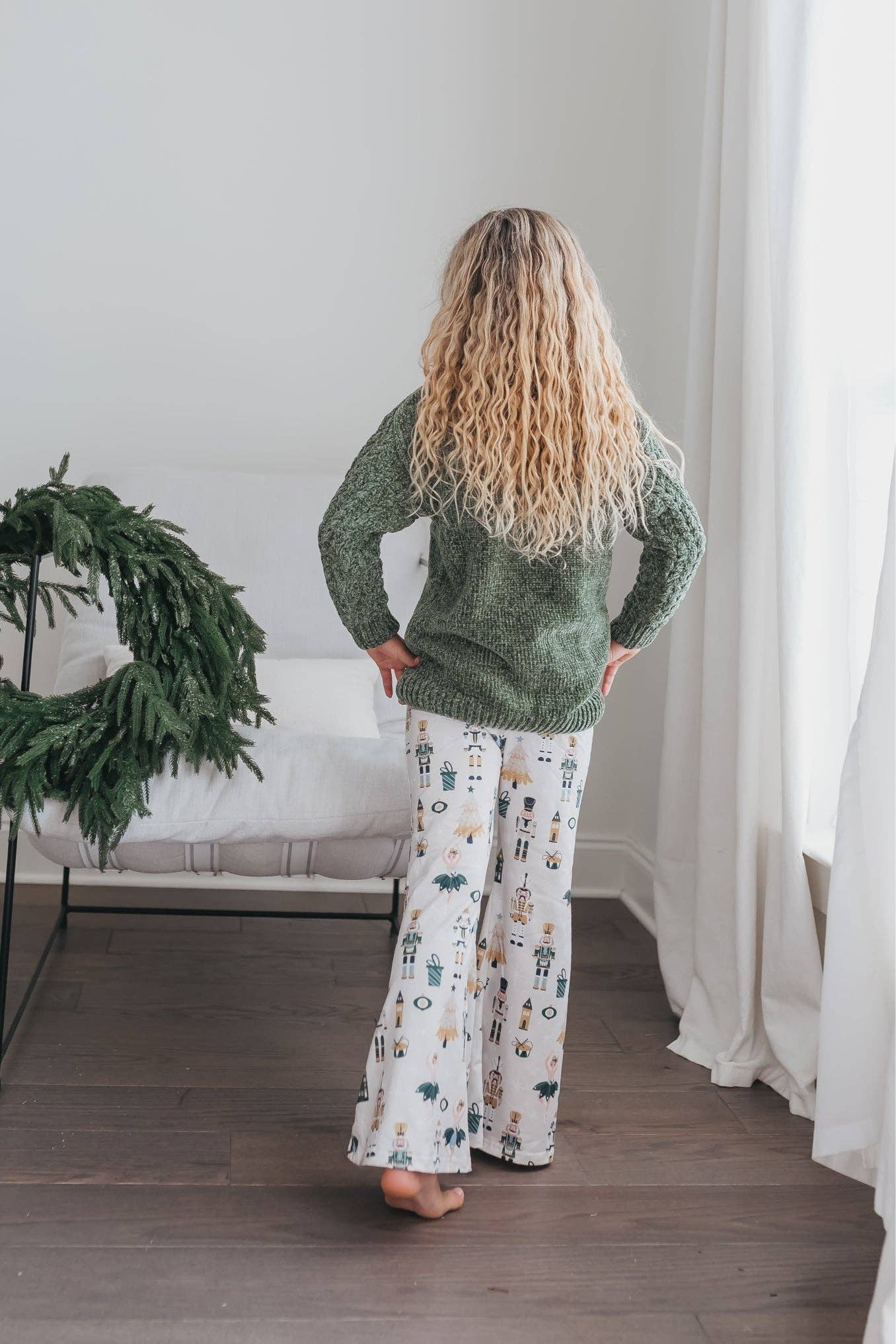 Kids Green Chenille Sweater & Nutcracker Bell Pant Set
