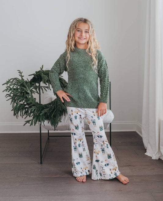 Kids Green Chenille Sweater & Nutcracker Bell Pant Set