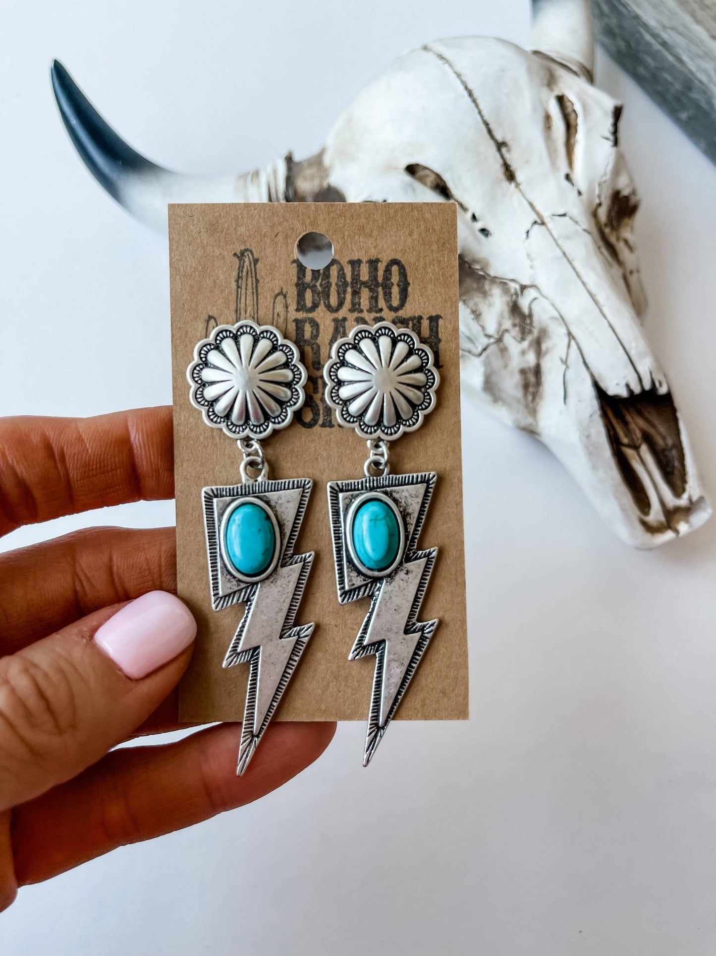 Stone Lightning Bolt Thunder w/ Color Natural Stone Earrings