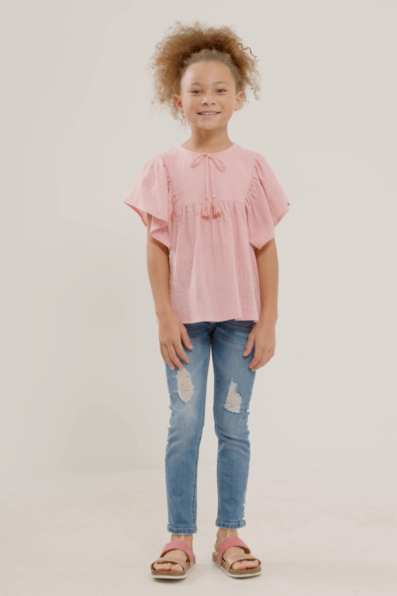Girls Flutter Sleeve Tassel Detail Textured Top