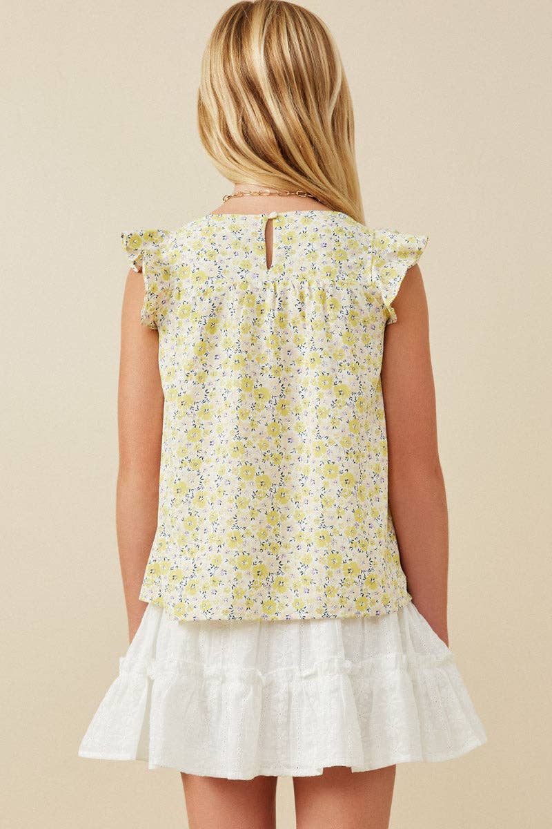 Girls Floral Print Flutter Sleeve Smocked Tank