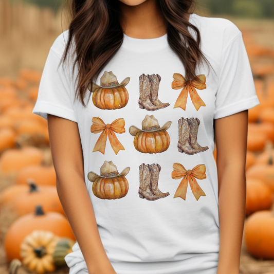 Autumn Country Boots and Pumpkins Coquette Graphic Tee