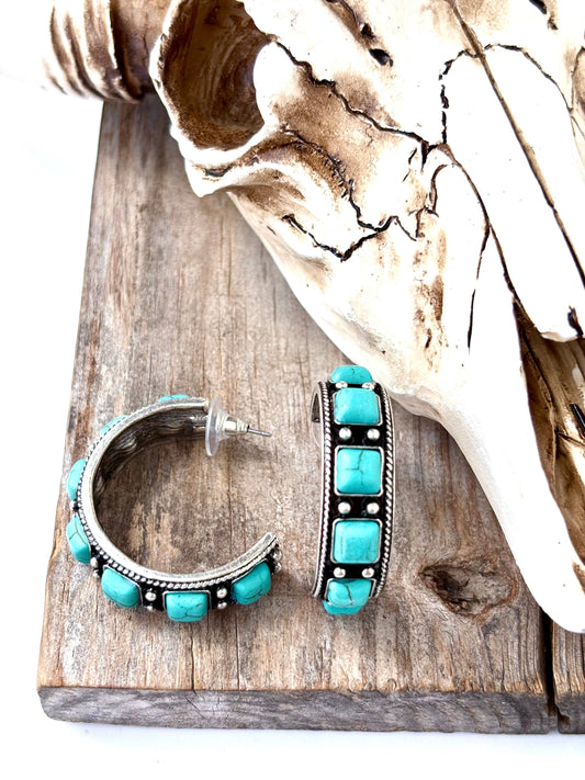 1.5" Open Hoop with Turquoise Stone Earrings