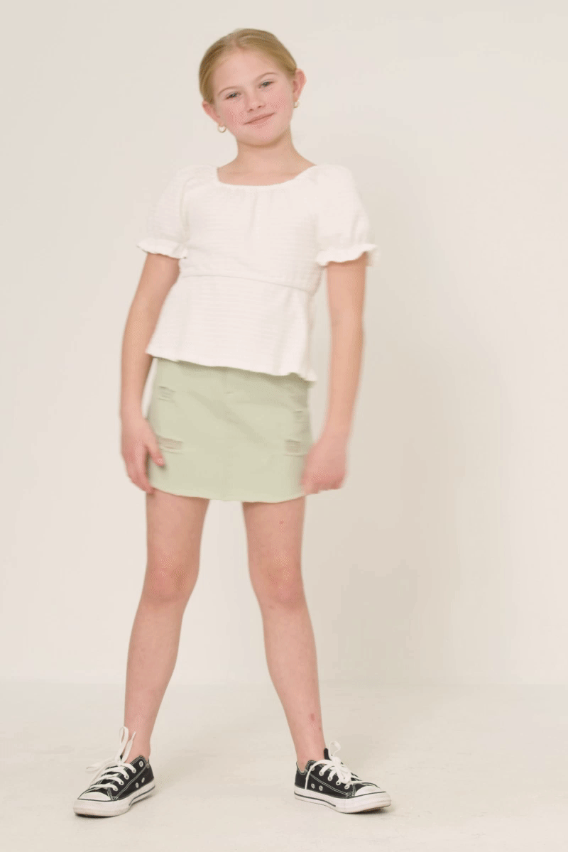 Girls Smocked Textured Knit Cinch Sleeve Babydoll Top