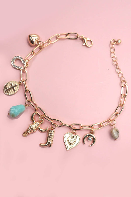 CHARM BRACELET-WESTERN BOOT BULLHEAD STONE