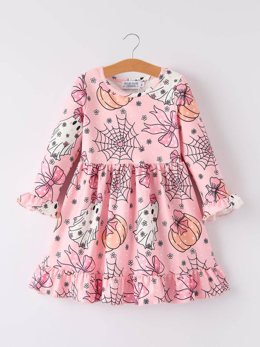 Halloween Ghost Pumpkin Print Ruffled Cuffs Long sleeve Dress