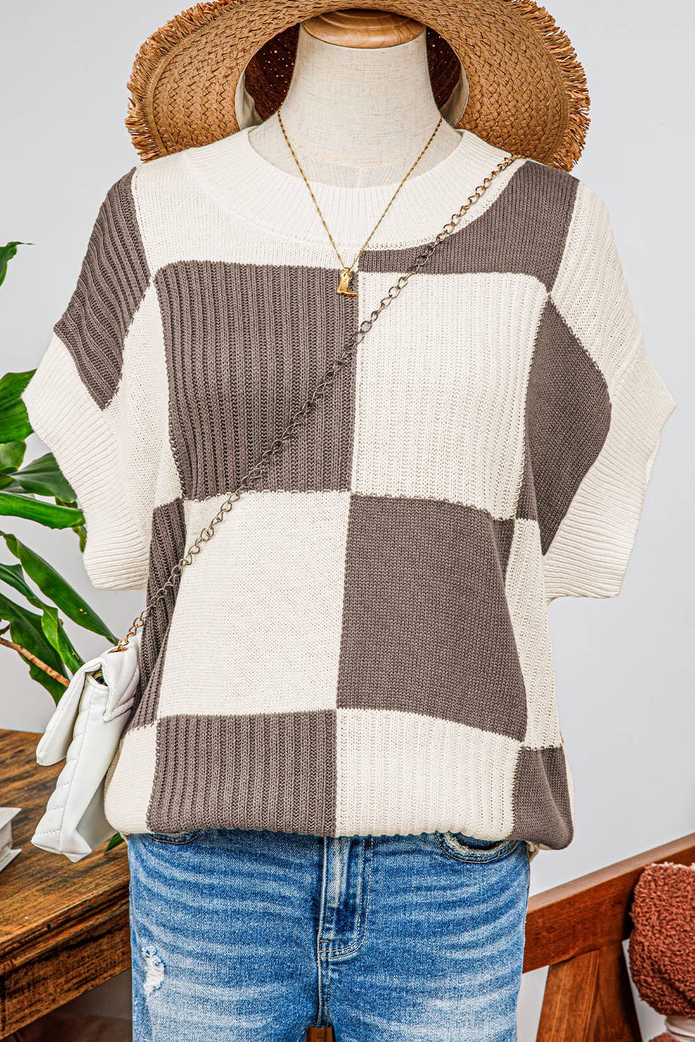 Checkered Colorblock Short Sleeve Sweater