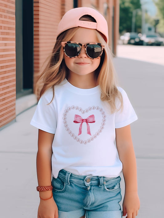 Coquette Pearl Heart & Bow Kids Graphic Tee