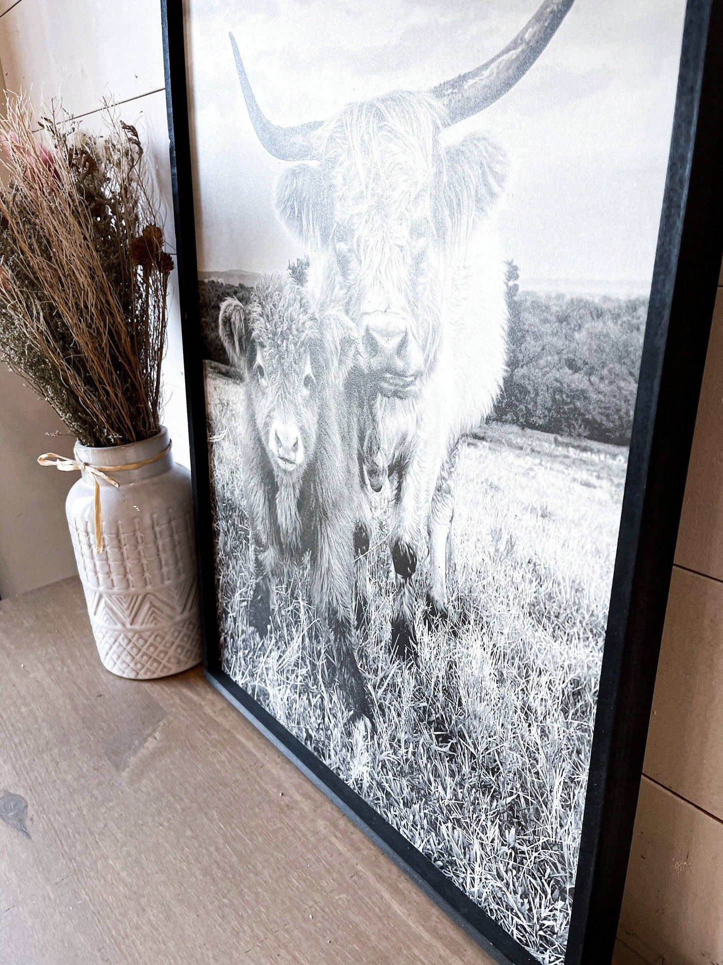 Stella and Calf Highland Cow and baby Fluffy CowPhotos; Framed Wood Photo Signs