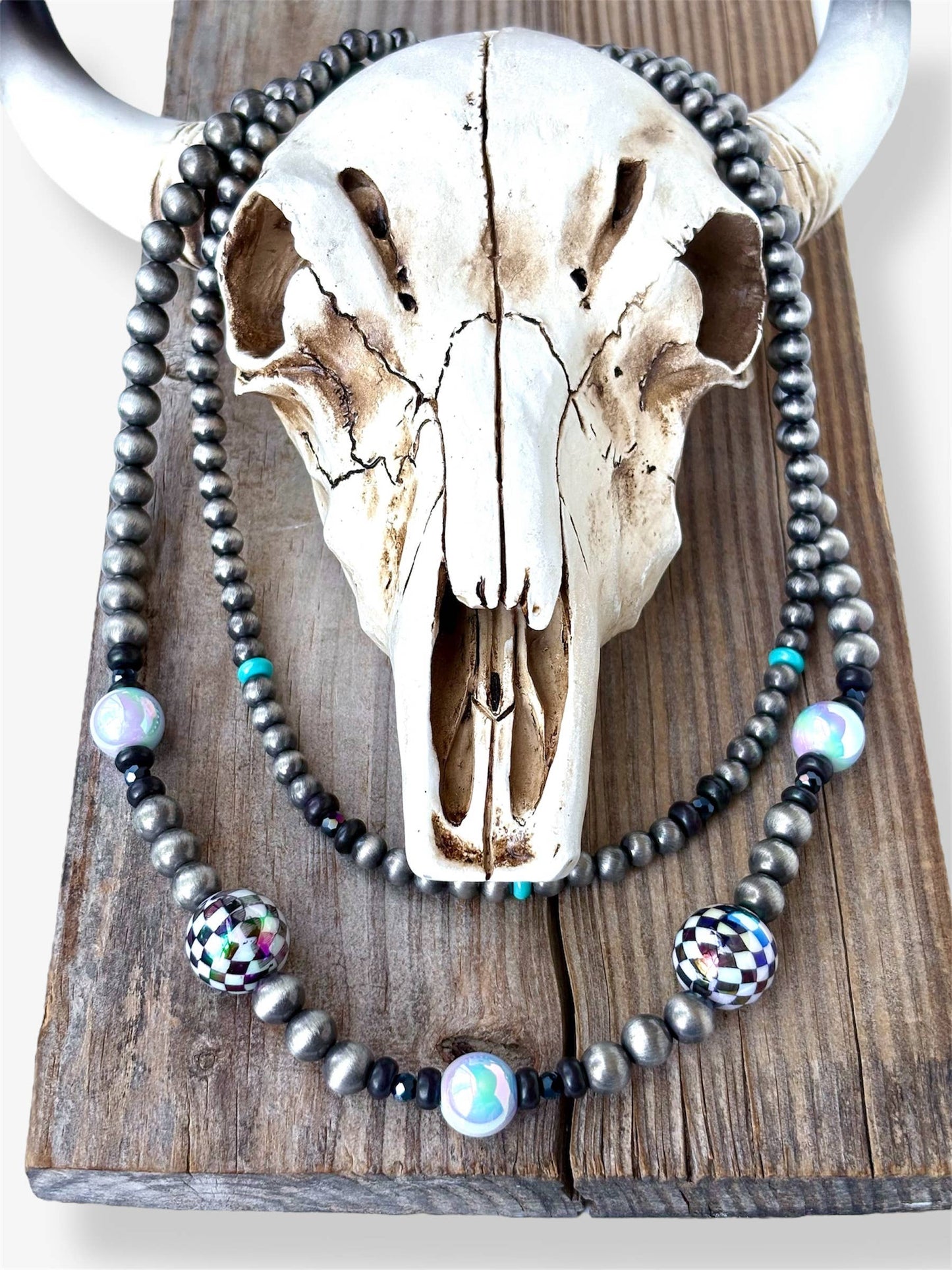2 Layered Western Style Navajo Pearl Dice Ball Bead Necklace