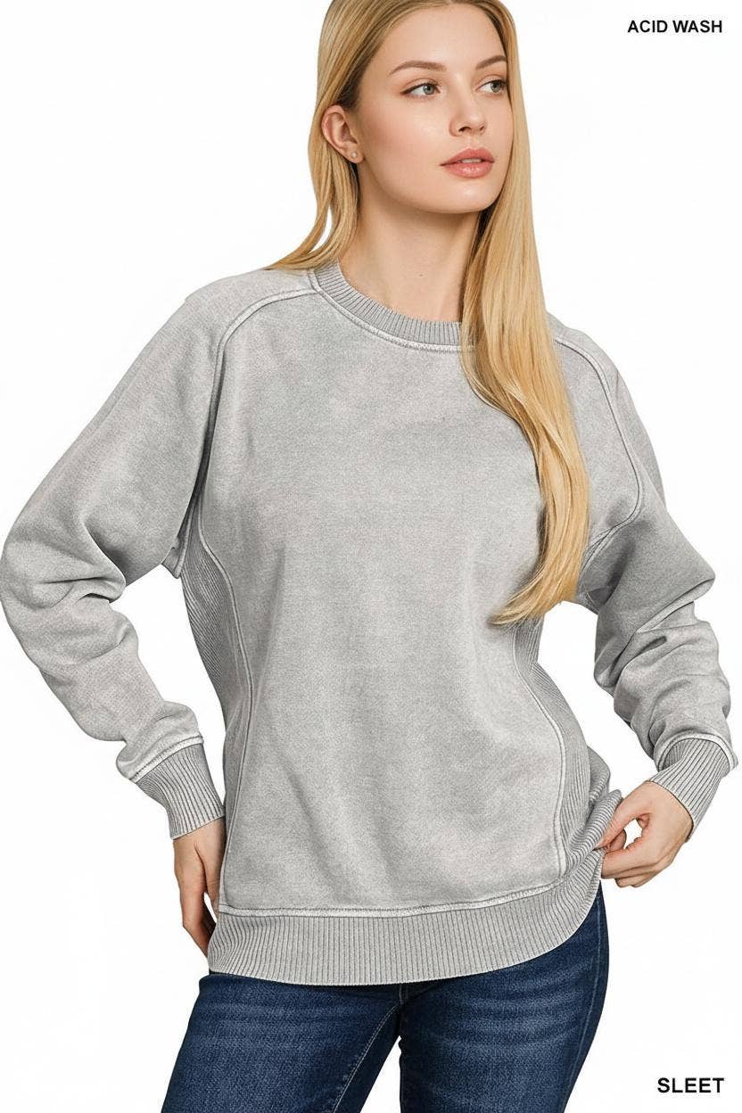 Acid Washed Fleece Side Rib Sweatshirts
