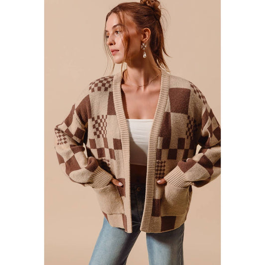CHECKERED OPEN FRONT CARDIGAN WITH POCKETS