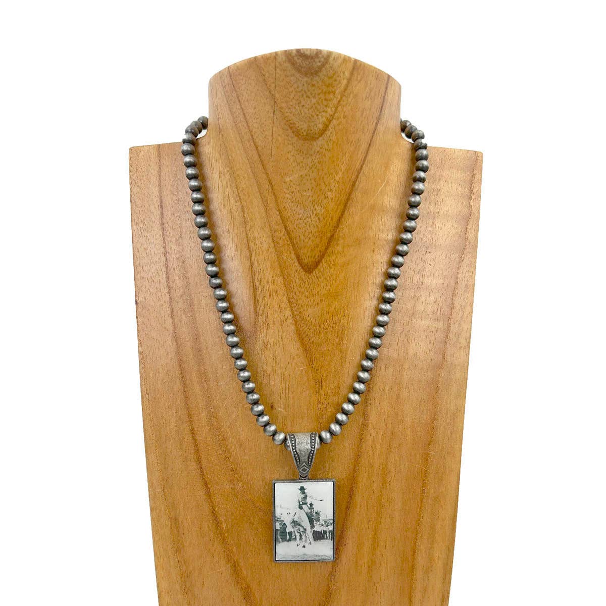 Silver Navajo pearl beads with triangle cowboy pendent Necklace