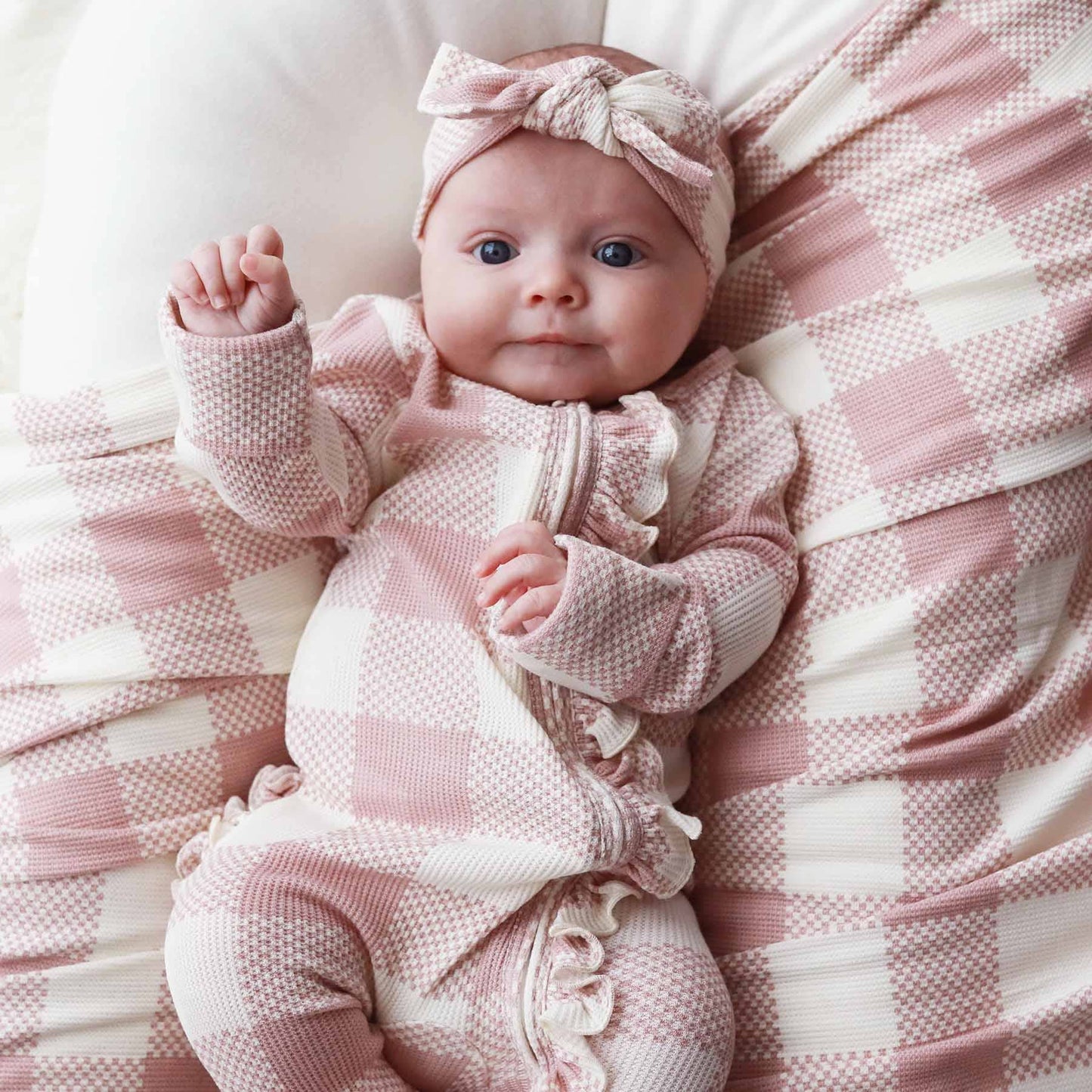 Big Check Bamboo Waffle Zipper Ruffle Footie | Rosy