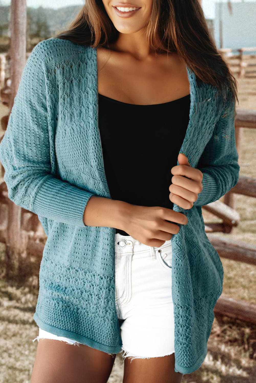 Hollowed Knit Open Front Cardigan