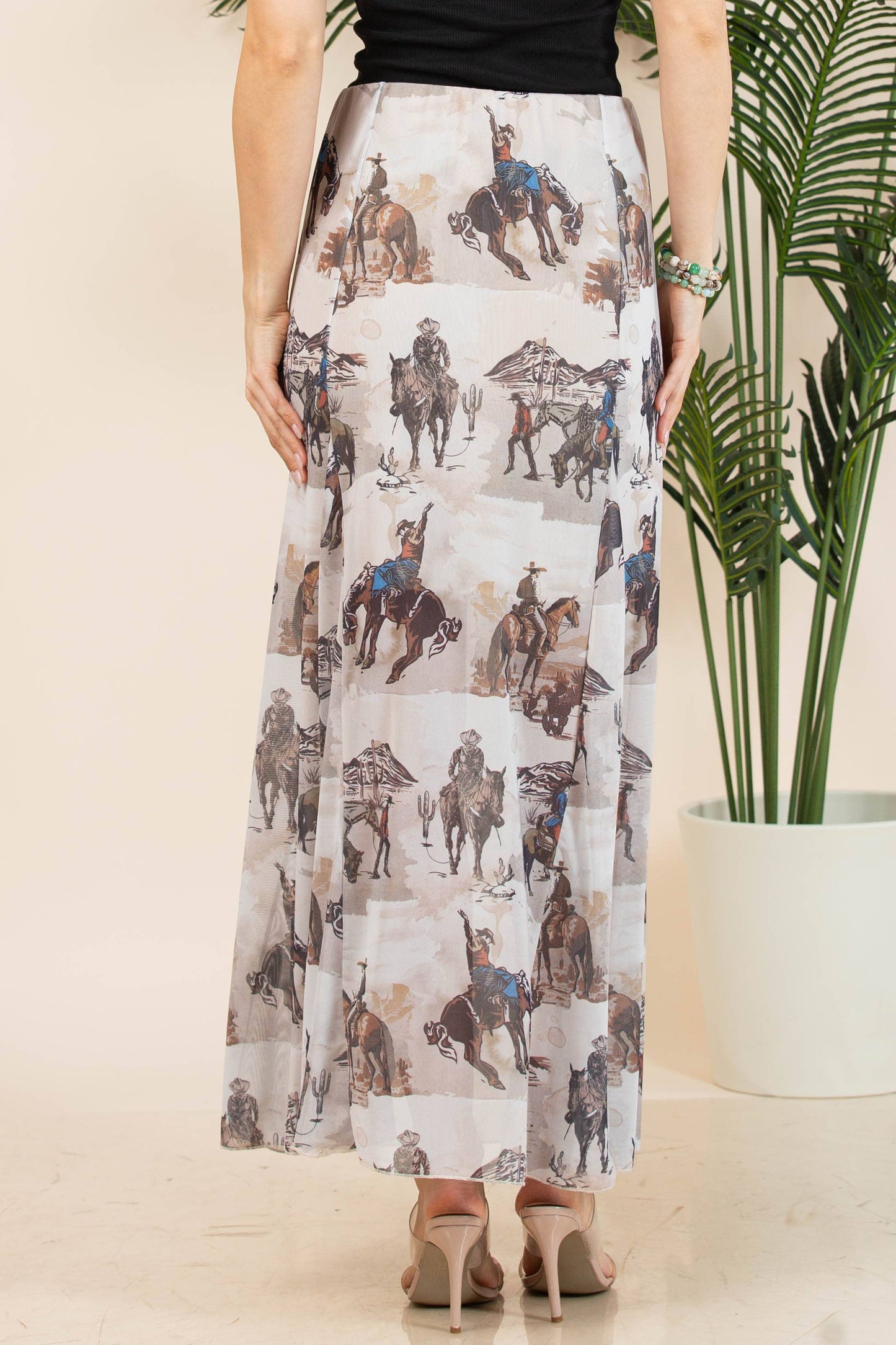 TANIA COWBOY PRINT LINED FULL MESH SKIRT