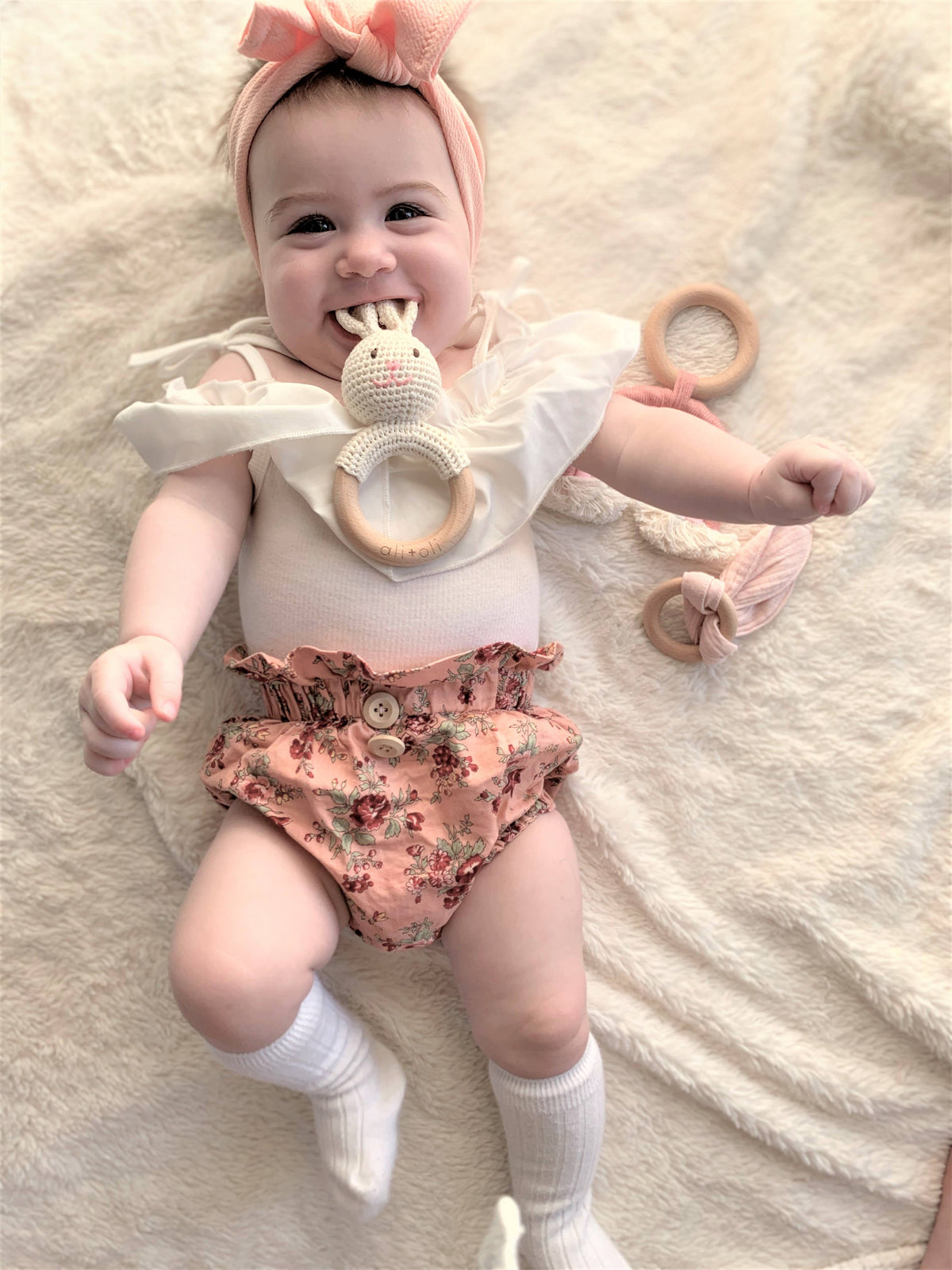 Baby Teething Toy Rattle Wood Ring Crochet bunny
