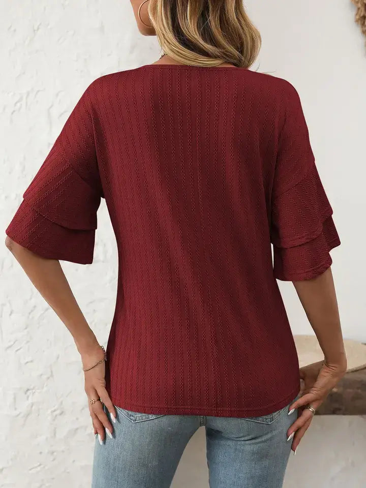 Solid V-Neck Ruffle Sleeve Short-Sleeve Top for 2025 Spring