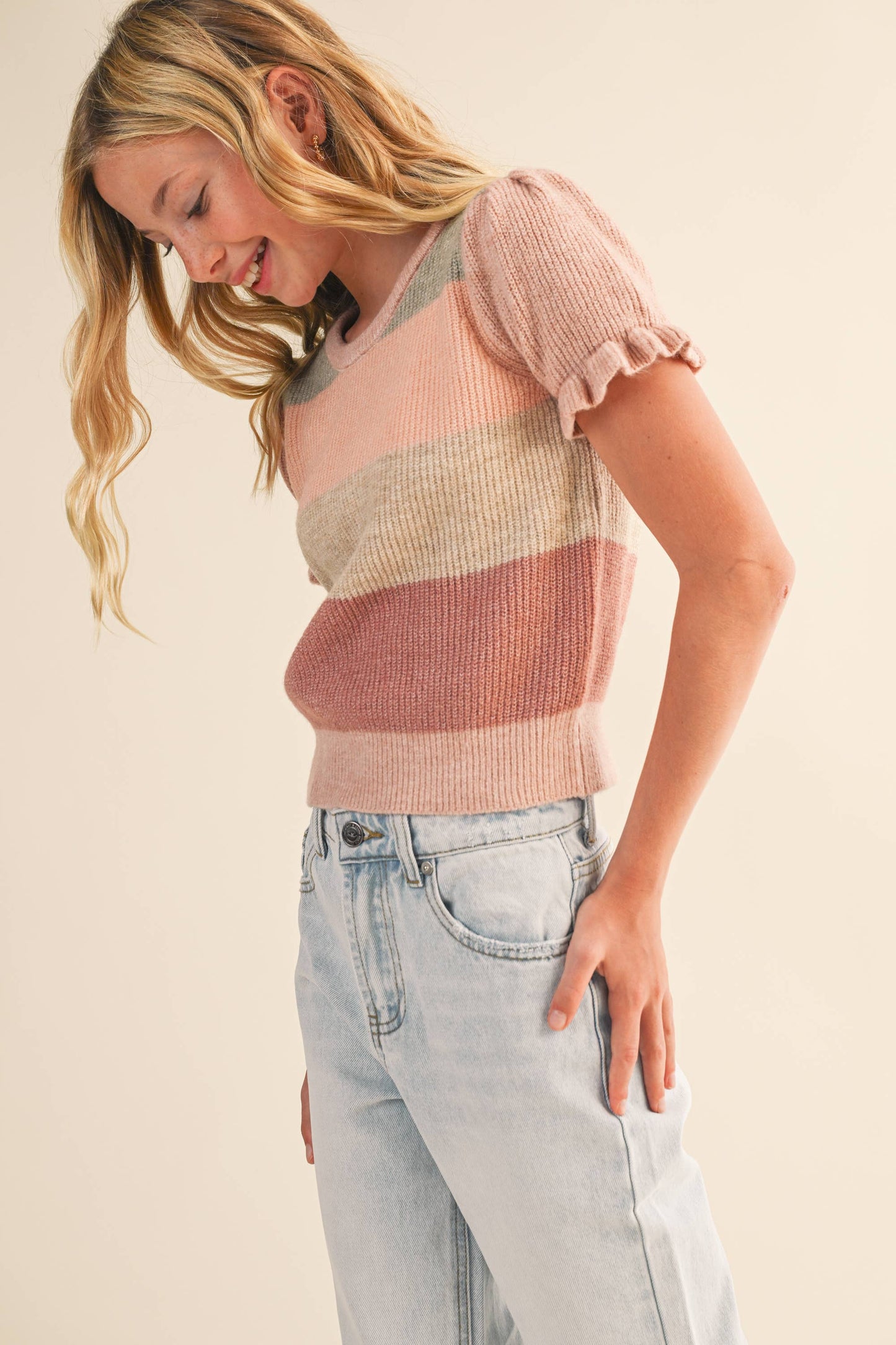 TWEEN KIDS GIRLS PUFF SLEEVE CROPPED SWEATER