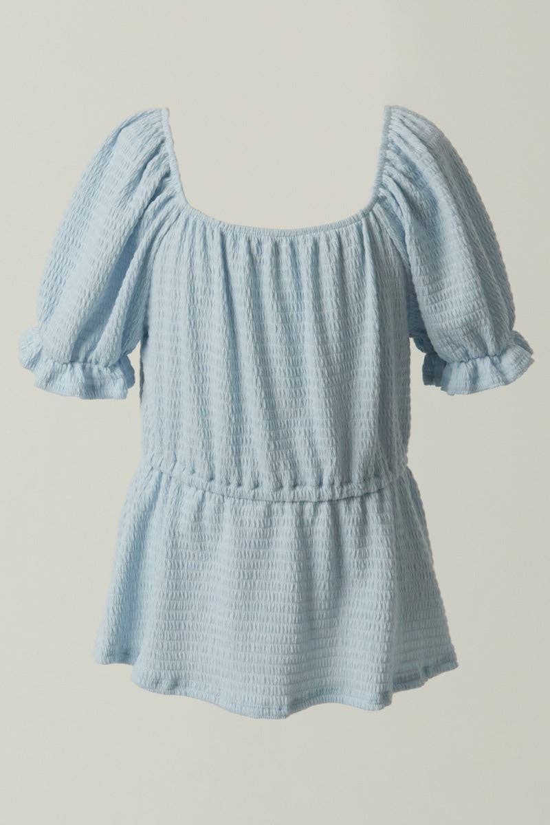 Girls Smocked Textured Knit Cinch Sleeve Babydoll Top