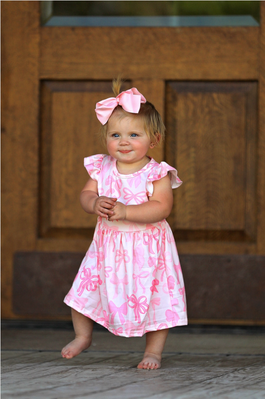 Bow Print Flying Sleeve Girls Dress