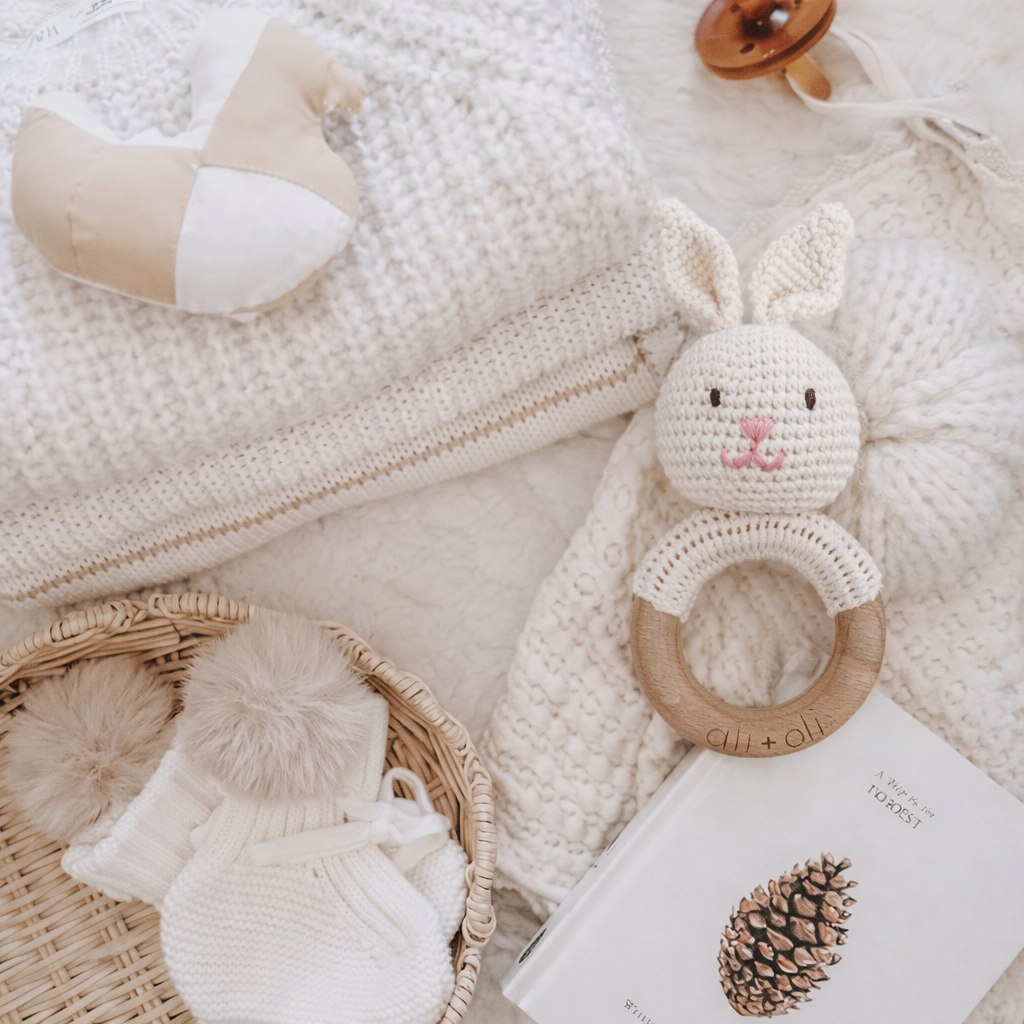 Baby Teething Toy Rattle Wood Ring Crochet bunny