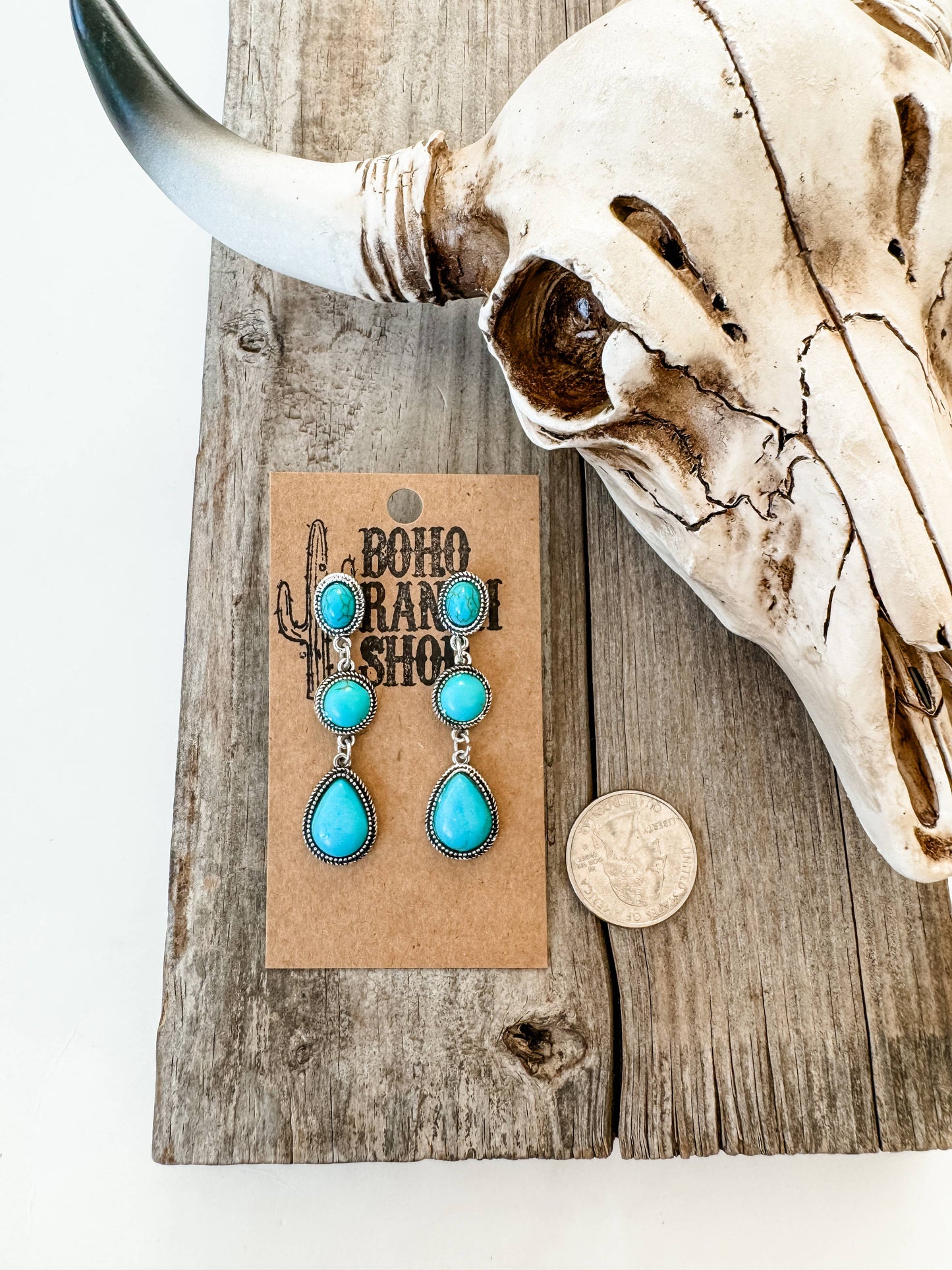 Western Tier Drop Earrings - Round Stone with Teardrop Stone