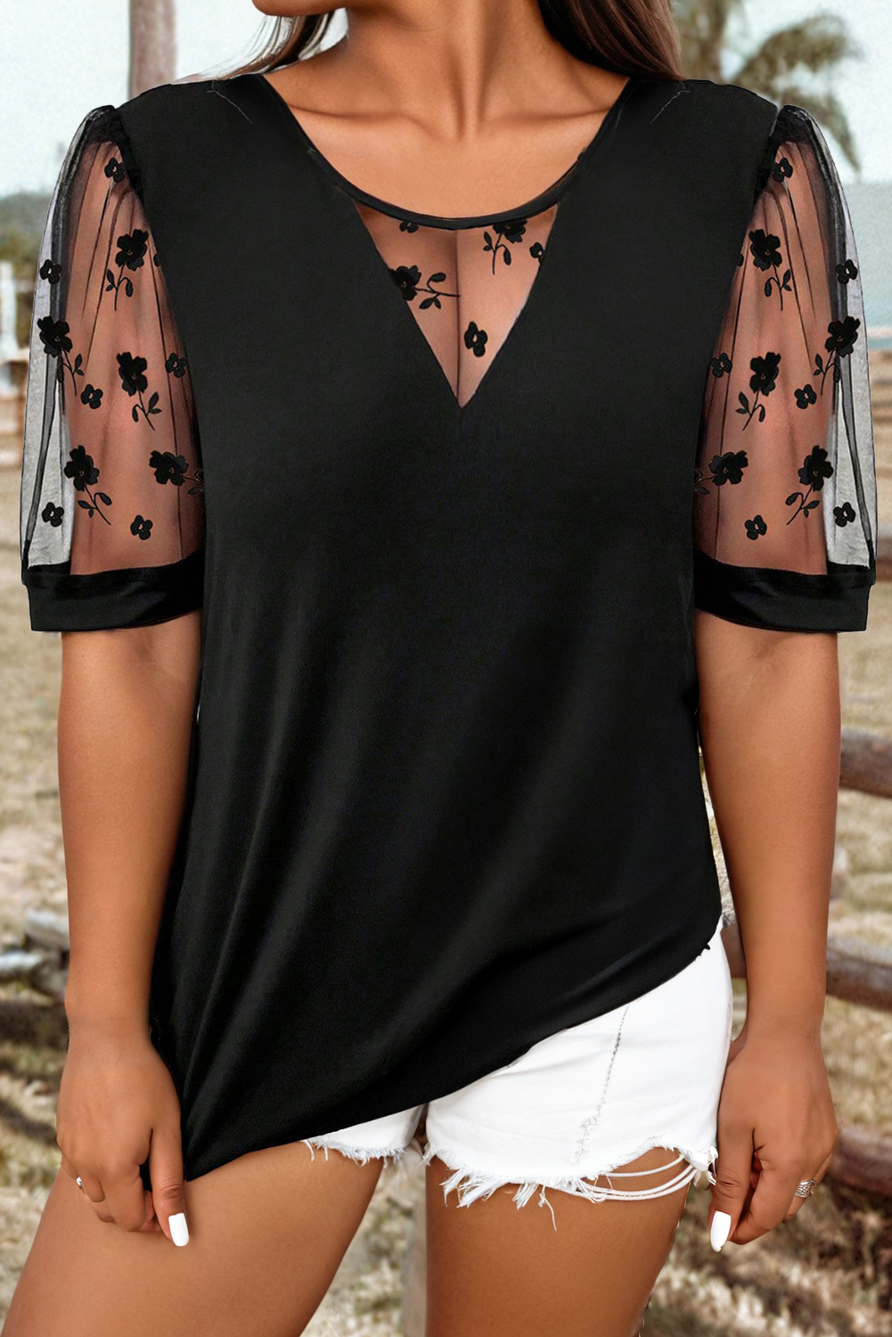 Floral Lace Patchwork Crew Neck T Shirt