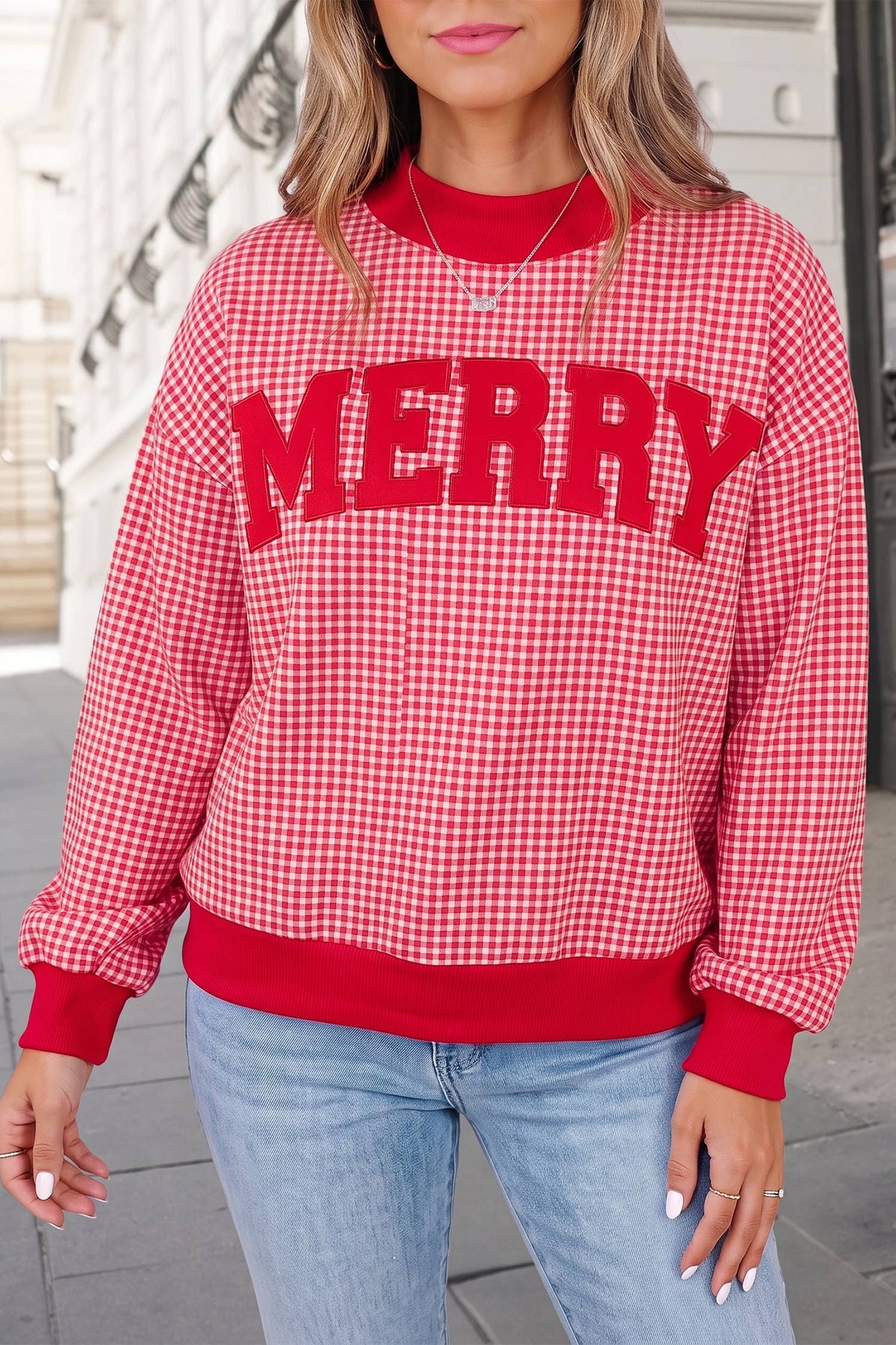 MERRY Gingham Print Mock Neck