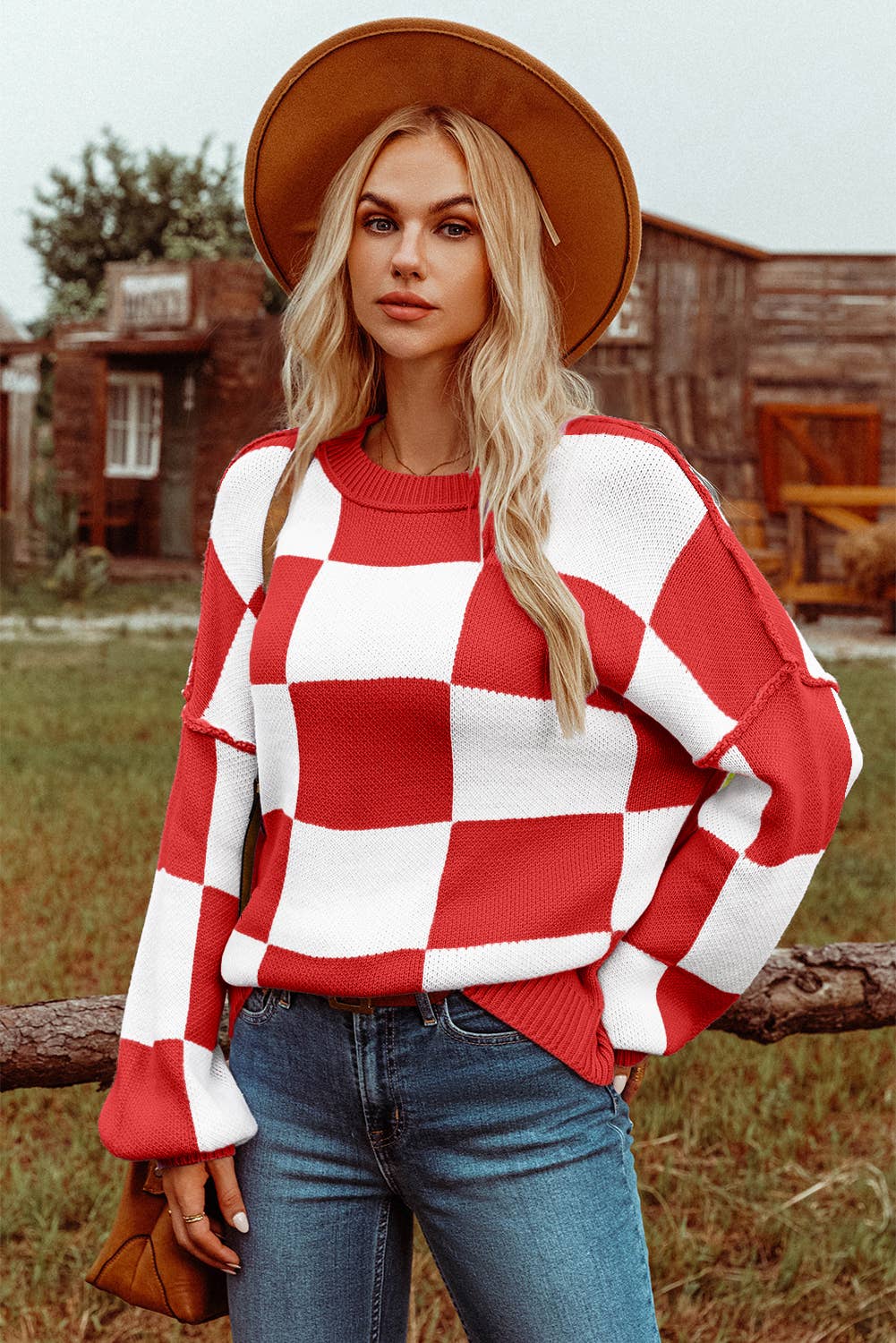 Fashion Checkered Bishop Sleeve Sweater