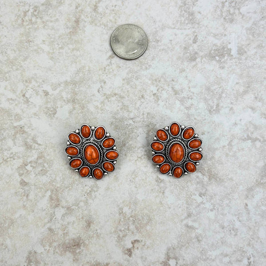 Silver and Orange Stone Floral Concho Stud/Post Earrings