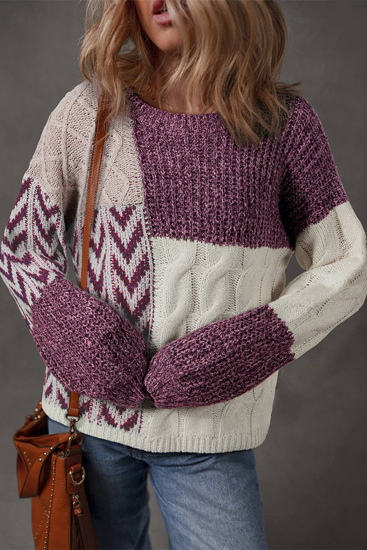 Purple Color Block Knotted Back Loose Fit Sweater