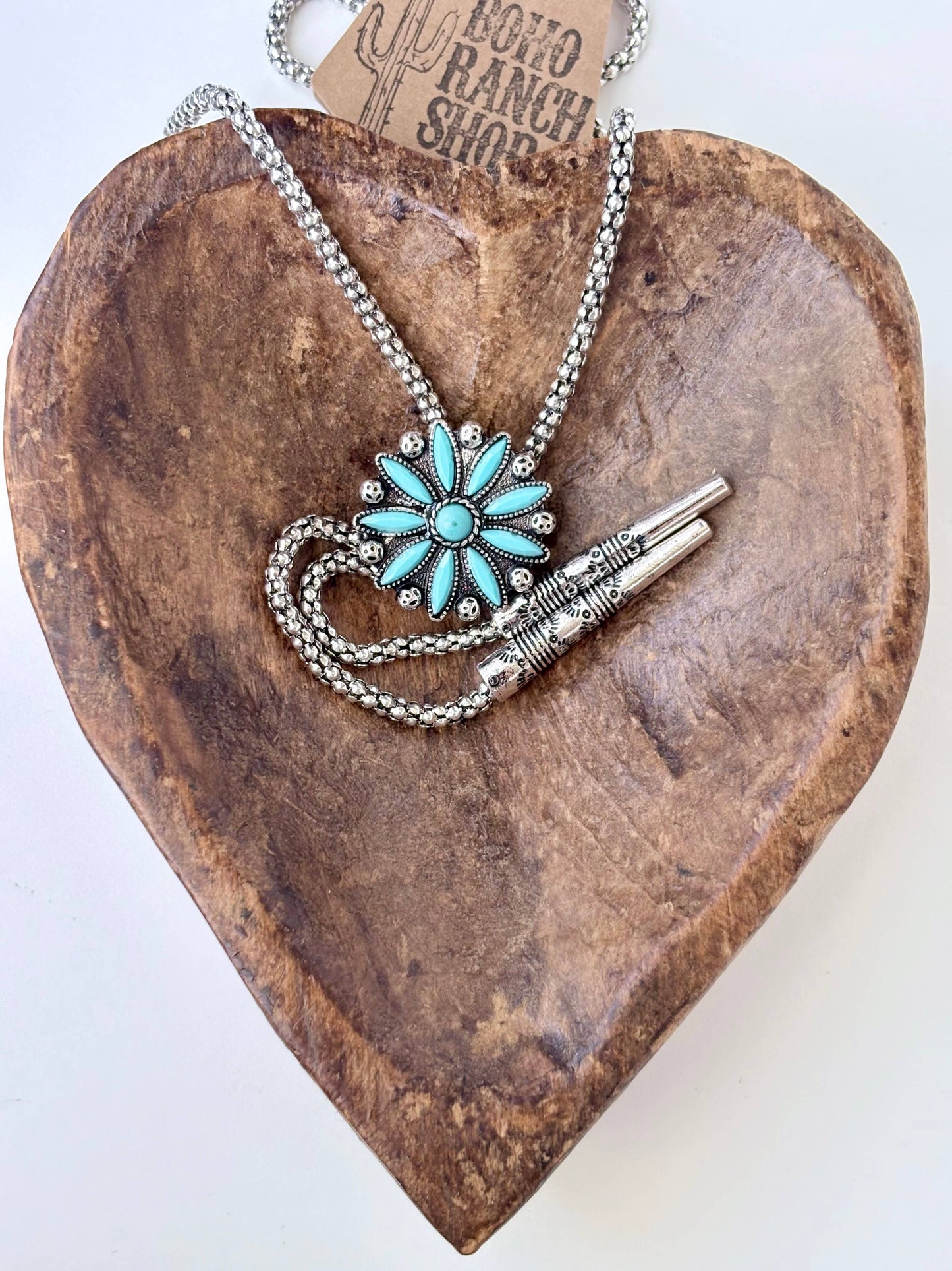 Western Turquoise Stone Concho Bolo Tie Necklace